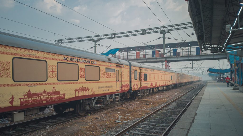 A beautiful picture of Buddhist circuit train (Buddha Express) halted at a railway station. in India